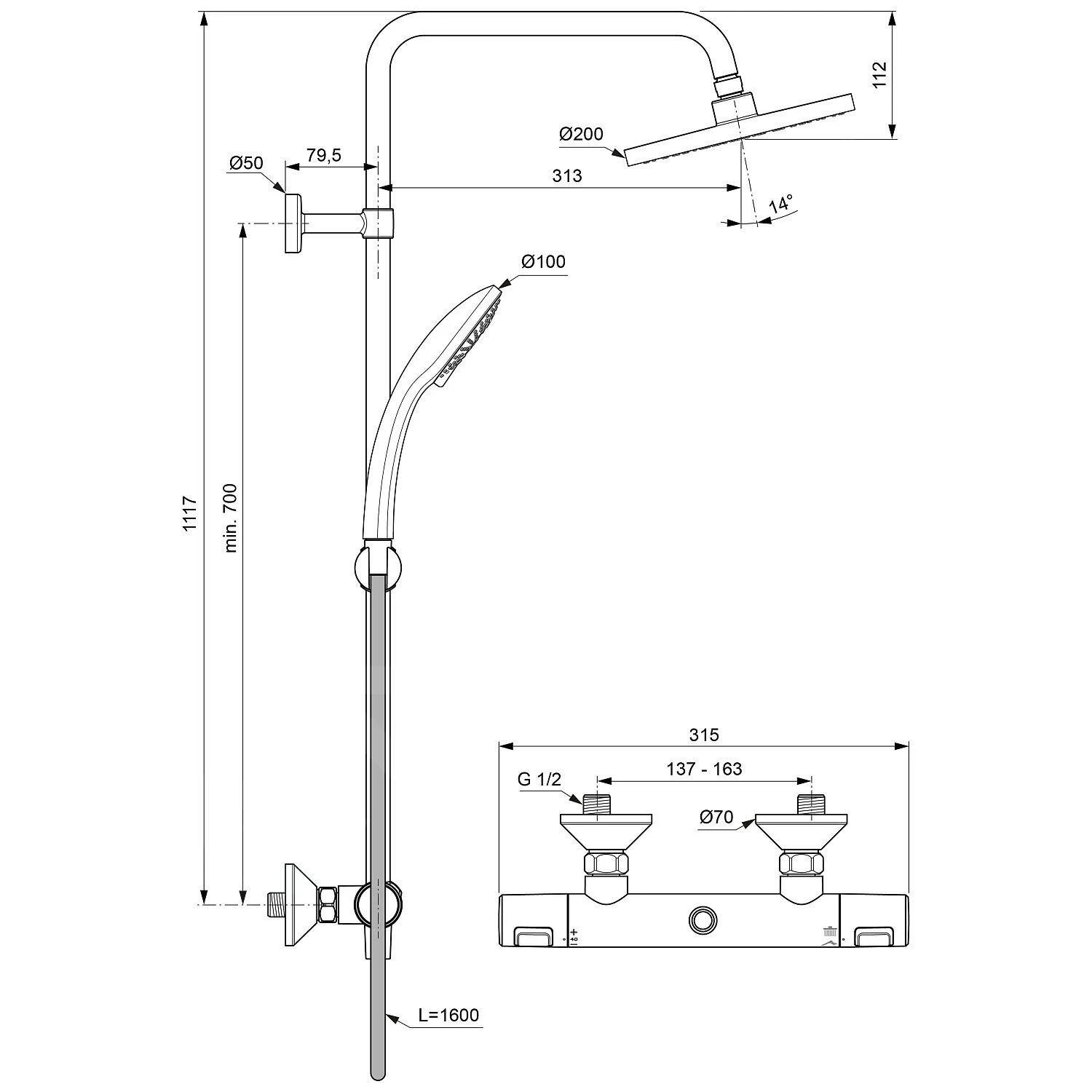 Ideal Standard CeraTherm - Set Doccia T25 Termostatico, 200 Mm, 3 Getti, Cromo A7208AA 2 Ideal Standard CeraTherm - Set Doccia T25 Termostatico, 200 Mm, 3 Getti, Cromo A7208AA - immagine 2