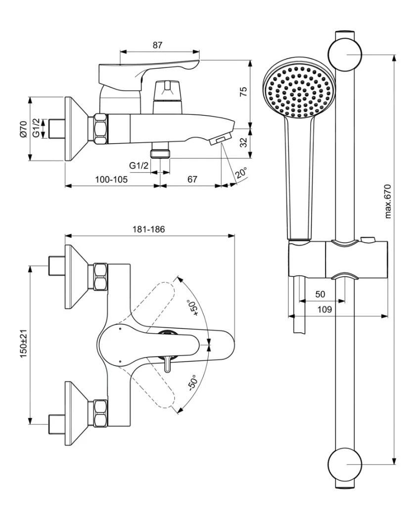 Ideal Standard Alpha - Miscelatore A Parete Per Vasca Da Bagno, Con Deviatore In Ceramica E Accessori, Cromo BC656AA 2 Ideal Standard Alpha - Miscelatore A Parete Per Vasca Da Bagno, Con Deviatore In Ceramica E Accessori, Cromo BC656AA - immagine 2