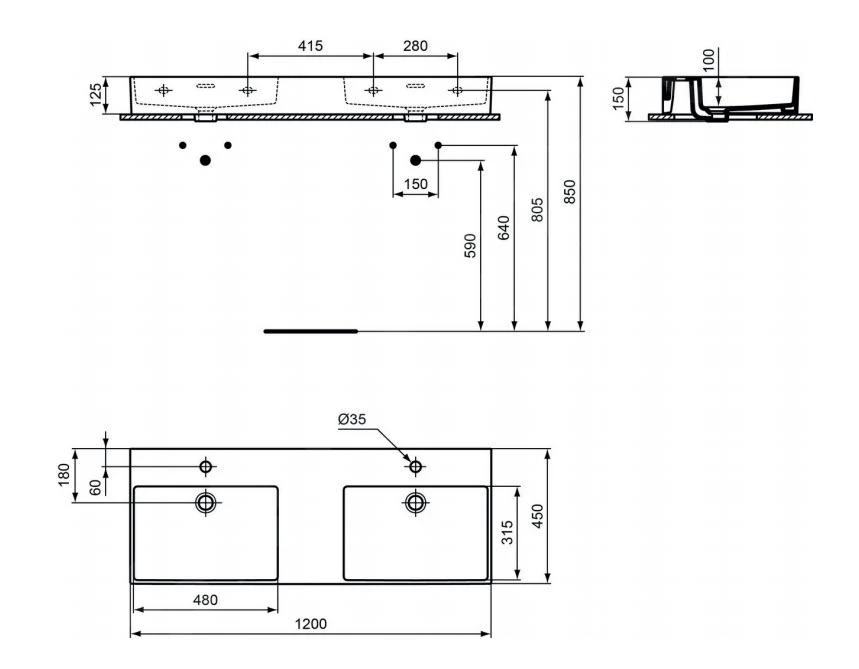 Ideal Standard Extra - Lavabo Doppio Da Appoggio 1200x450 Mm, Con Troppopieno, Fori Per Miscelatore, Bianco T391301 2 Ideal Standard Extra - Lavabo Doppio Da Appoggio 1200x450 Mm, Con Troppopieno, Fori Per Miscelatore, Bianco T391301 - immagine 2