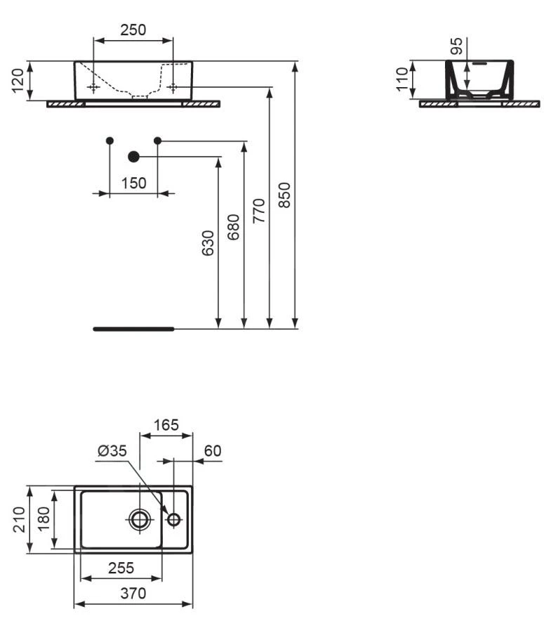 Ideal Standard Tempo - Lavamani 370x210 Mm, Senza Troppopieno, Foro Per Miscelatore A Dx, Nero E2112V3 2 Ideal Standard Tempo - Lavamani 370x210 Mm, Senza Troppopieno, Foro Per Miscelatore A Dx, Nero E2112V3 - immagine 2