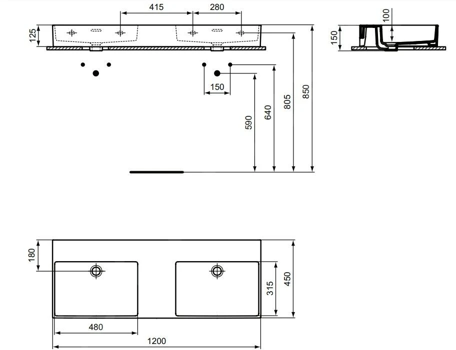 Ideal Standard Extra - Lavabo Doppio Da Appoggio 1200x450 Mm, Con Troppopieno, Senza Foro Per Miscelatore, Bianco T391501 2 Ideal Standard Extra - Lavabo Doppio Da Appoggio 1200x450 Mm, Con Troppopieno, Senza Foro Per Miscelatore, Bianco T391501 - immagine 2