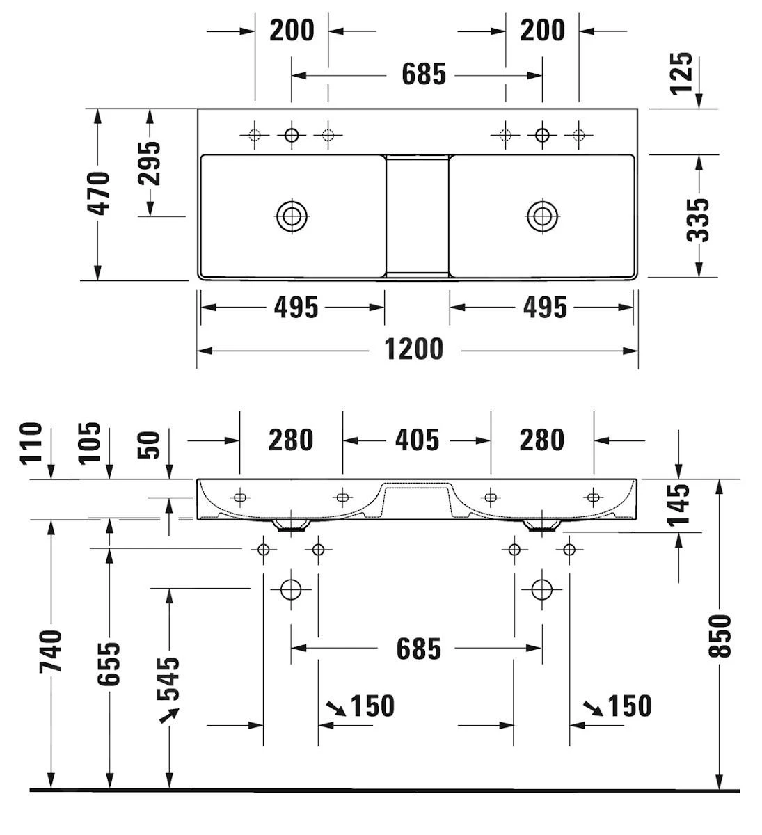 Duravit DuraSquare - Lavabo Doppio 1200x470 Mm, DuraCeram, Bianco Alpino 2353120070 2 Duravit DuraSquare - Lavabo Doppio 1200x470 Mm, DuraCeram, Bianco Alpino 2353120070 - immagine 2